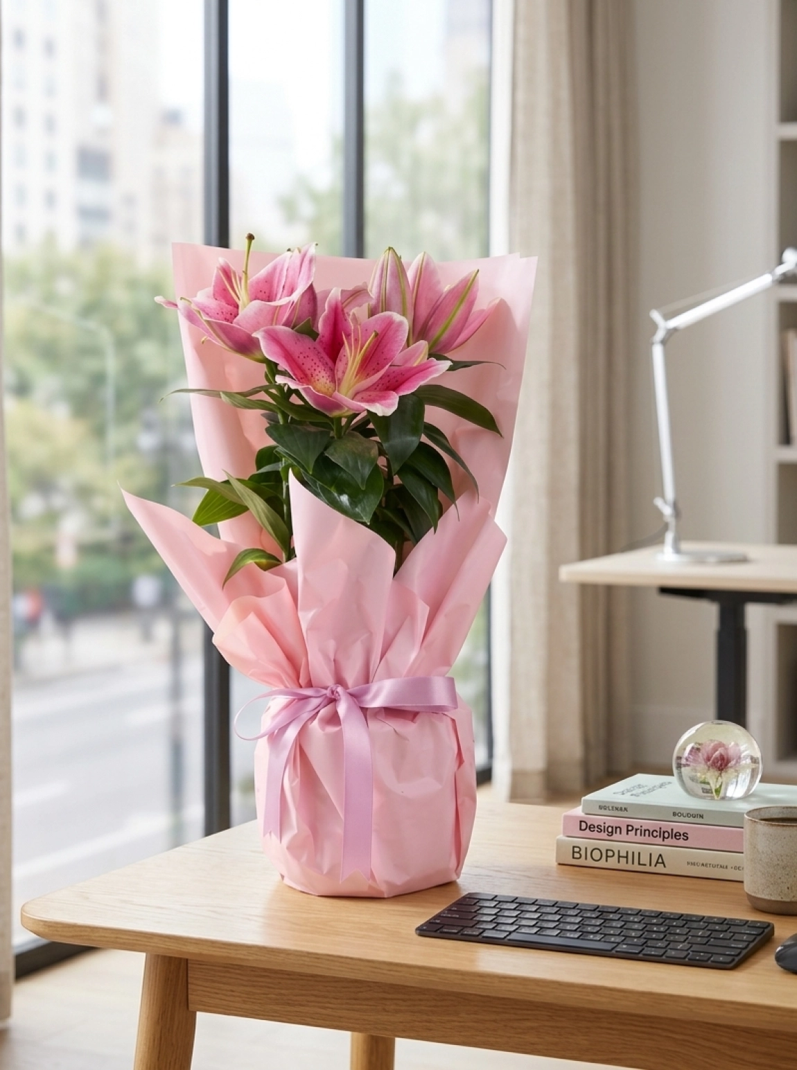 Pembe Buket Kağıtlı Saksı Lilyum
