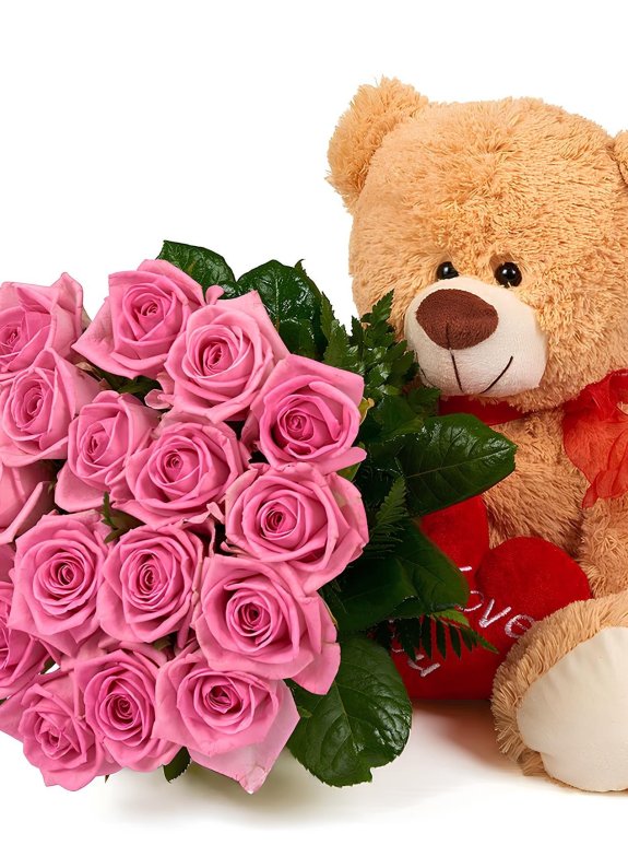 19 Ayıcıklı Pembe Gül Buketi