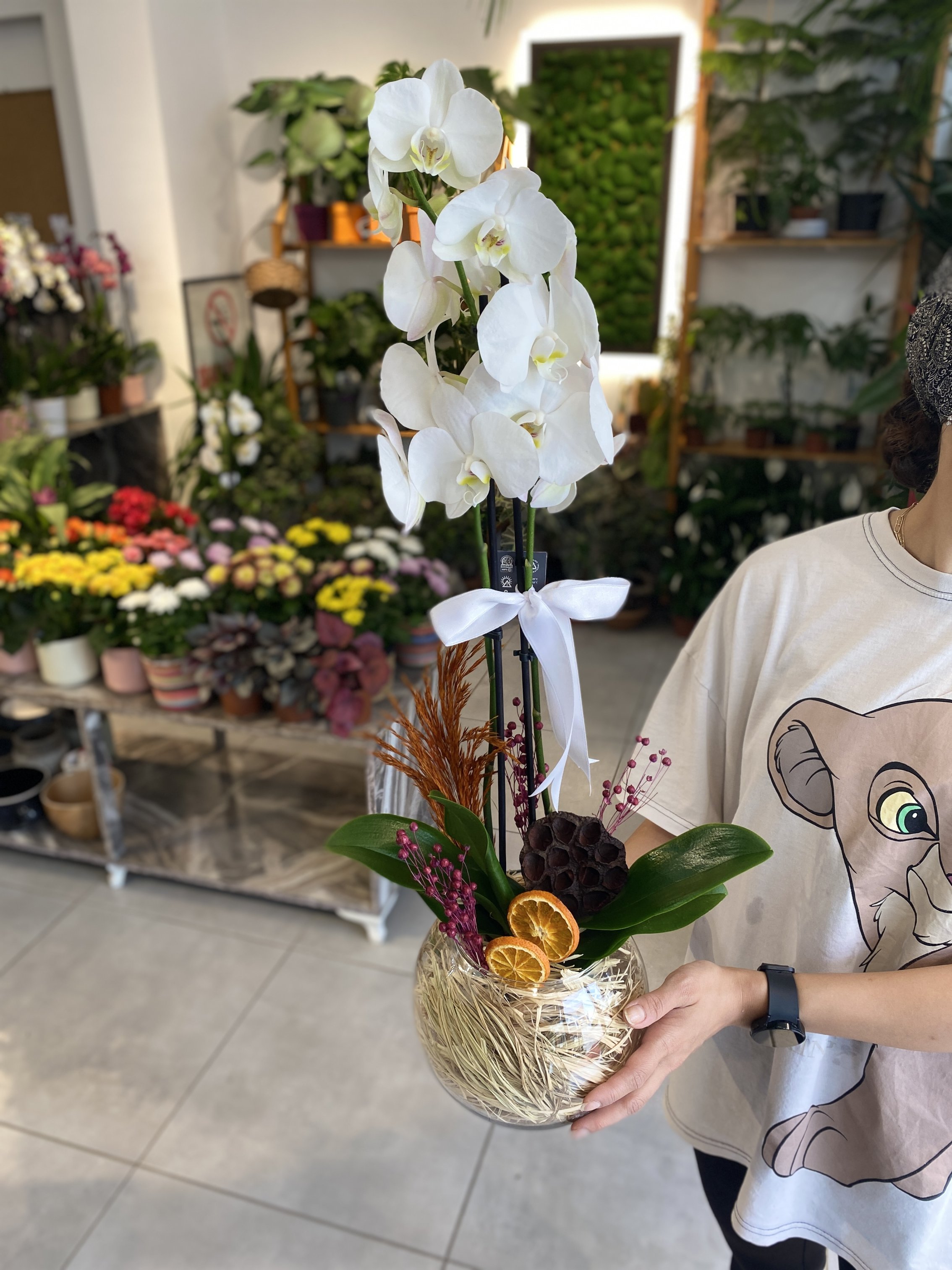 Cam Fanusta Iki Dallı Beyaz Orkide